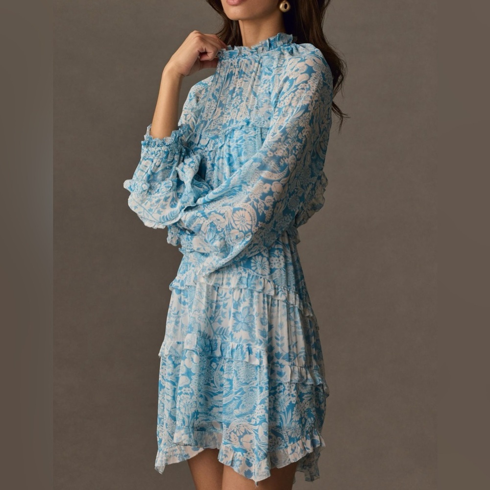 Anthropologie Light Blue & White Sheer Floral Ruffle Mini Dress